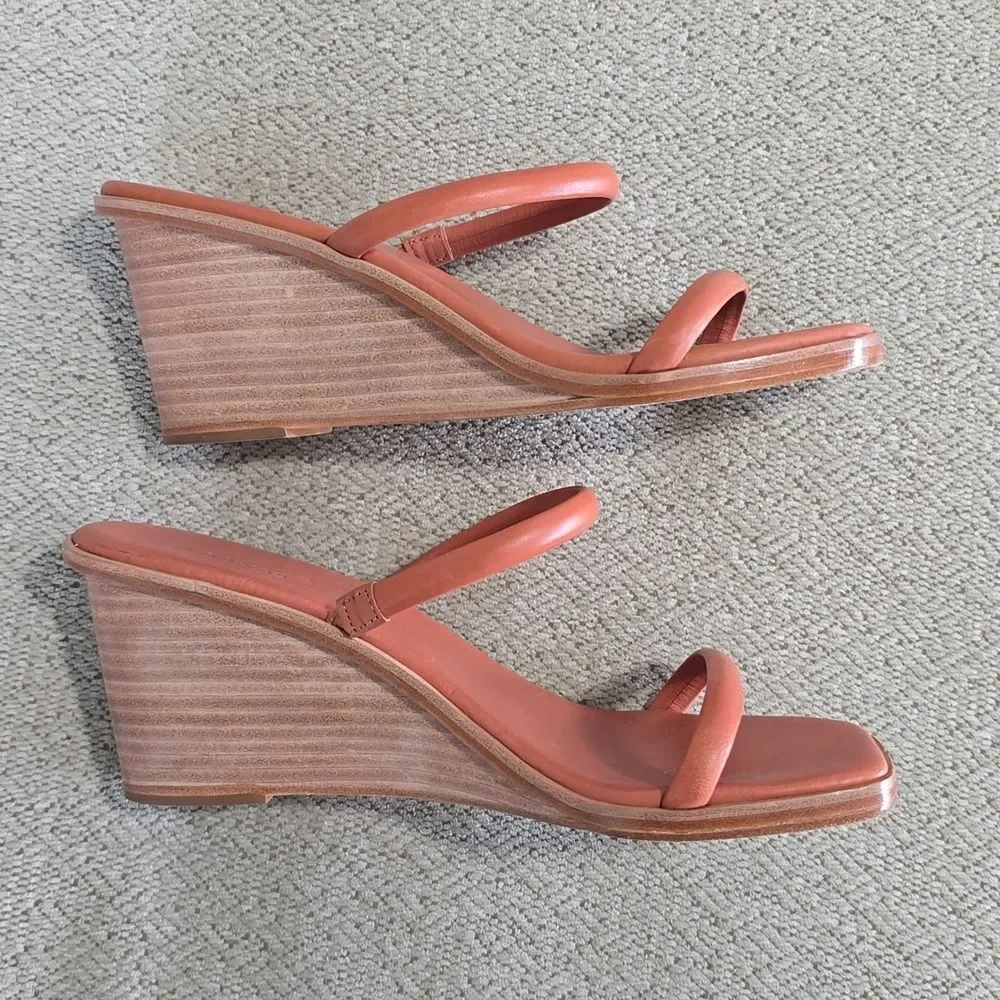 Kaanas Leather Brick Red Square Toe Wedge Sandals - Size 9